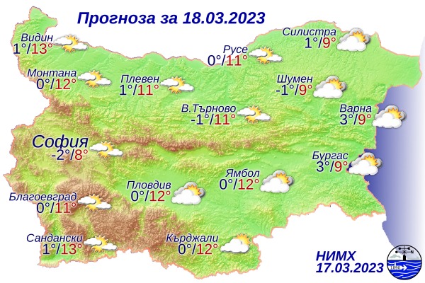 Прогноза за България за 18.03.2023  Атмосферното налягане е по-високо от среднот...