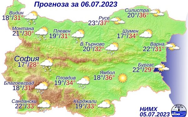 Прогноза за България за 06.07.2023  Атмосферното налягане е по-ниско от средното...