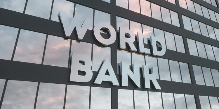 World Bank sign on a modern glass skyscraper. World Bank glass building. 3d rendering.