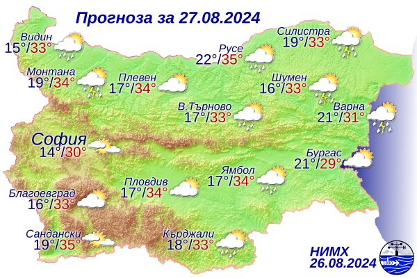 Прогноза за времето на 27 август: Слънчево до обяд, следобед валежи и гръмотевици в северните и източните райони - Montana Live TV