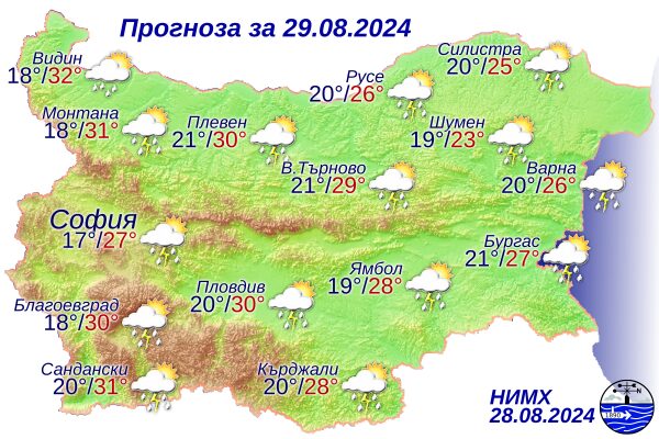 Прогноза за времето на 29 август: Валежи и гръмотевици в цялата страна, с по-интензивни явления в Лудогорието и планинските райони - Montana Live TV