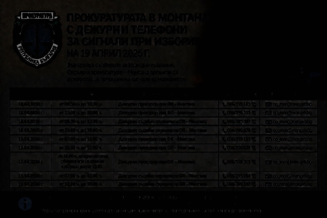 Прокуратурата в Монтана с дежурни телефони за сигнали при изборите на 19 април